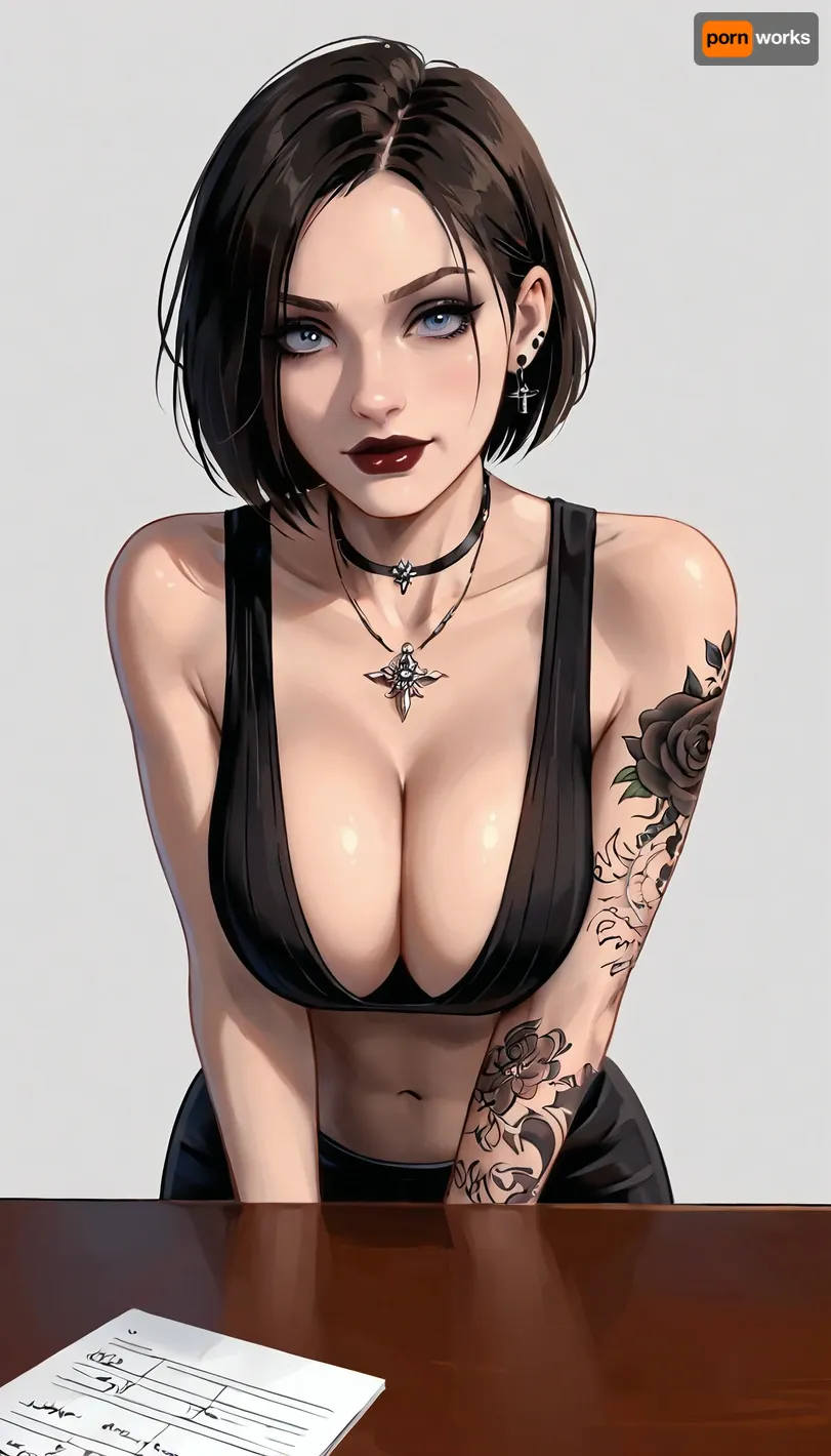 (Jill from Resident Evil), goth, tattoos, (leaning over table), front view, (big tits:1.3), (cleavage teacher outfit), (toon), white background, samdoesart, <lora:samdoesart_style_xl_v1:.6>