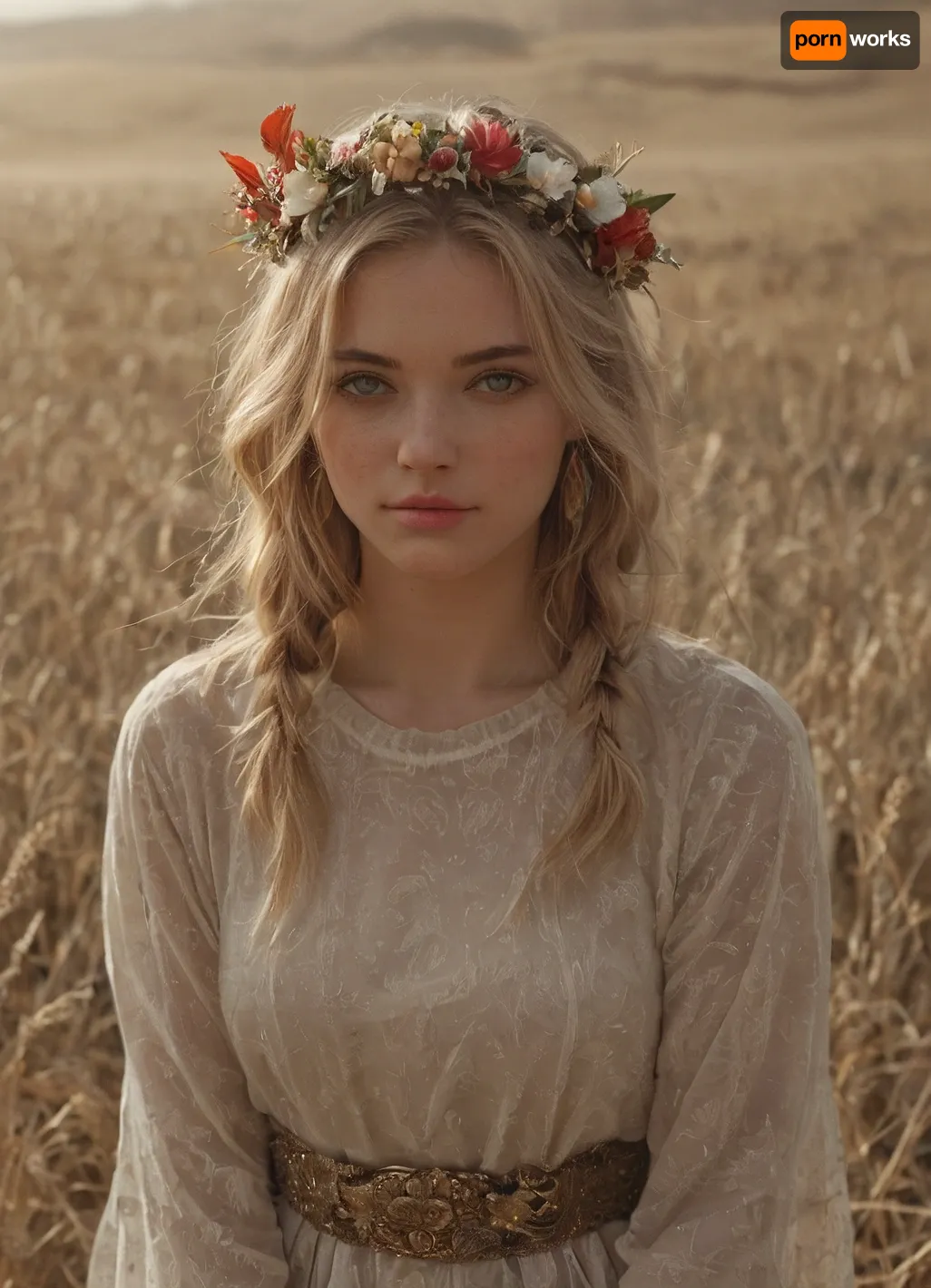 A traditional Slavic dress with intricate embroidery in red, white, and gold patterns. The outfit includes a long, flowing skirt, a richly decorated blouse with wide sleeves, and a woven belt with geometric designs. The dress is adorned with fine details, such as lace and beadwork. She is wearing a flower crown made of wildflowers and ribbons flowing down her back. The style reflects ancient Slavic culture, with natural materials and bright, vibrant colors, 1girl, 1man, Slavic, blonde, lush hair, curvy braids, beatiful face, blush on the face, braight gray eyes, white tradithional slavic shirt, (in an endless field of wheat), sunlight, detailed background, kinemographic environment, high resolution, (erotic:.5)