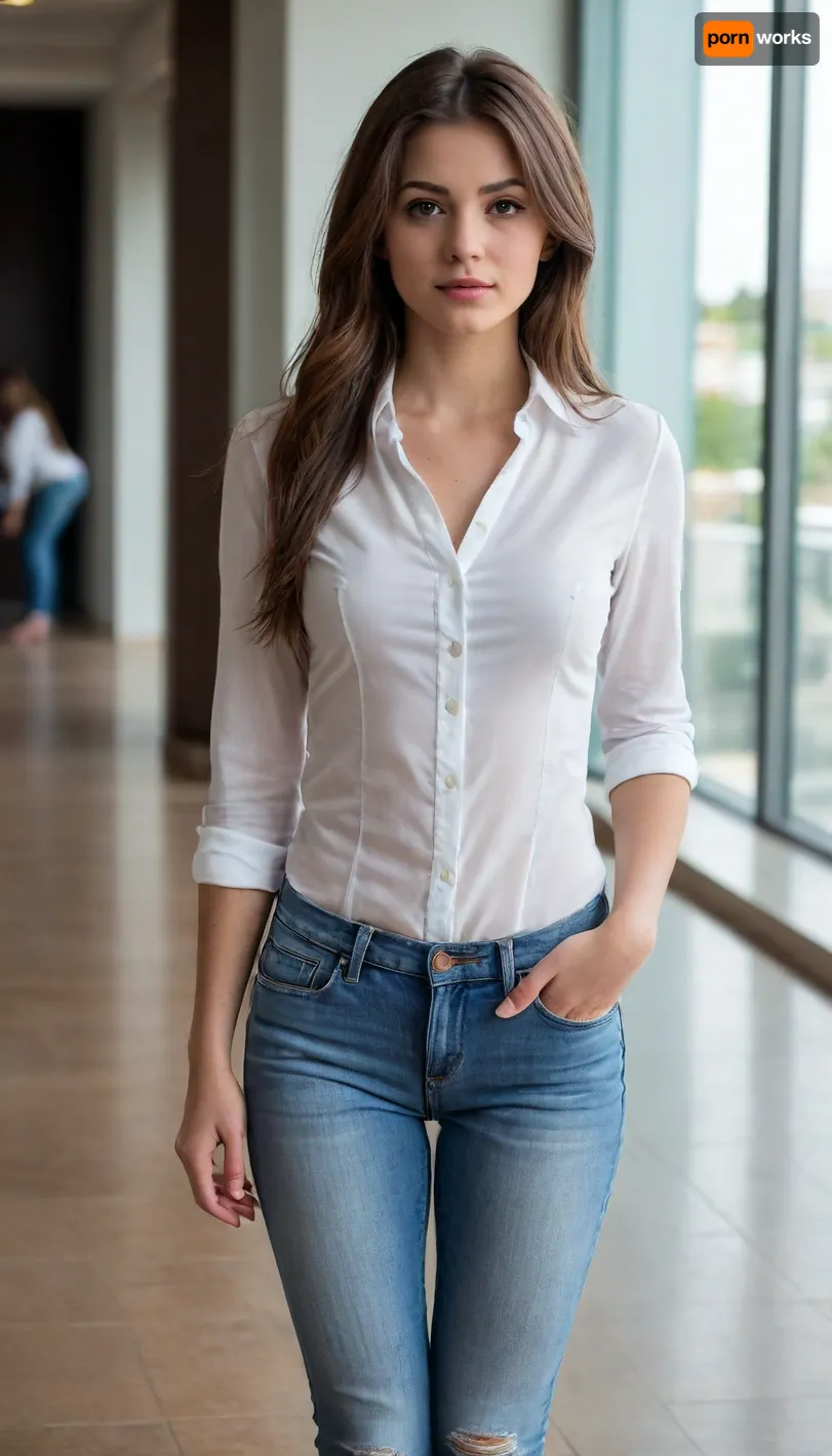 Woman 23 years old White Long brown hair Slim body Medium breasts Brown eyes Jeans white blouse Full body view.