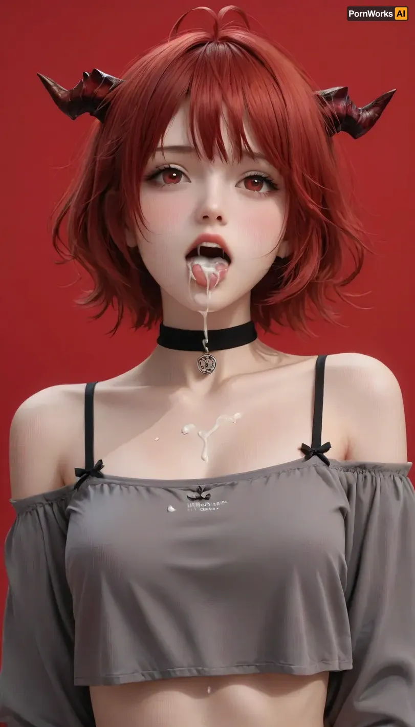 arknights, w, (arknights), 1girl, ahoge, antenna hair, black choker, blush, bow, bra strap, breasts, choker, cleavage, cum, (cum in mouth:1.7), cum on body, cum on breasts, cum on upper body, demon horns, facial, grey hair, grey shirt, hair bow, horns, off shoulder, off-shoulder shirt, open mouth, red background, red eyes, red hair, red horns, shirt, short hair, simple background, solo, tongue, tongue out, trembling