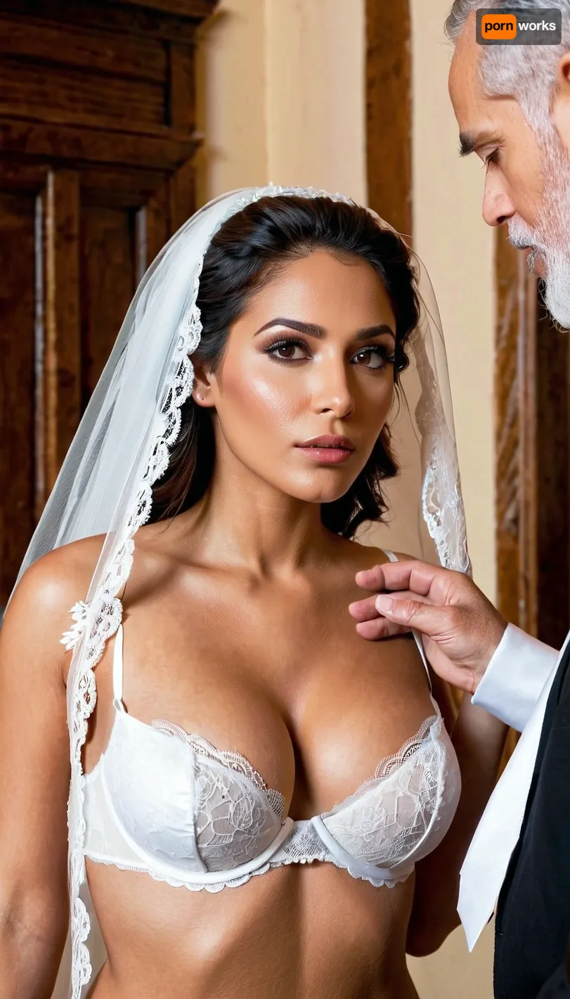 Wedding ceremony, sexy bride, 21 years old stunningly beautiful latina woman, (bride veil over her face, white lace bride themed lingerie, stockings, collar, long gloves), (sexy bride dress revealing big naked breasts to old priest, you can see his bulge as he touches her exposed breast. priest, bride caressing priest's head, looking each other, looking into eyes, (34DD), (no scars), (perfect skin), (hard nipples), closeup, groom, pastor)