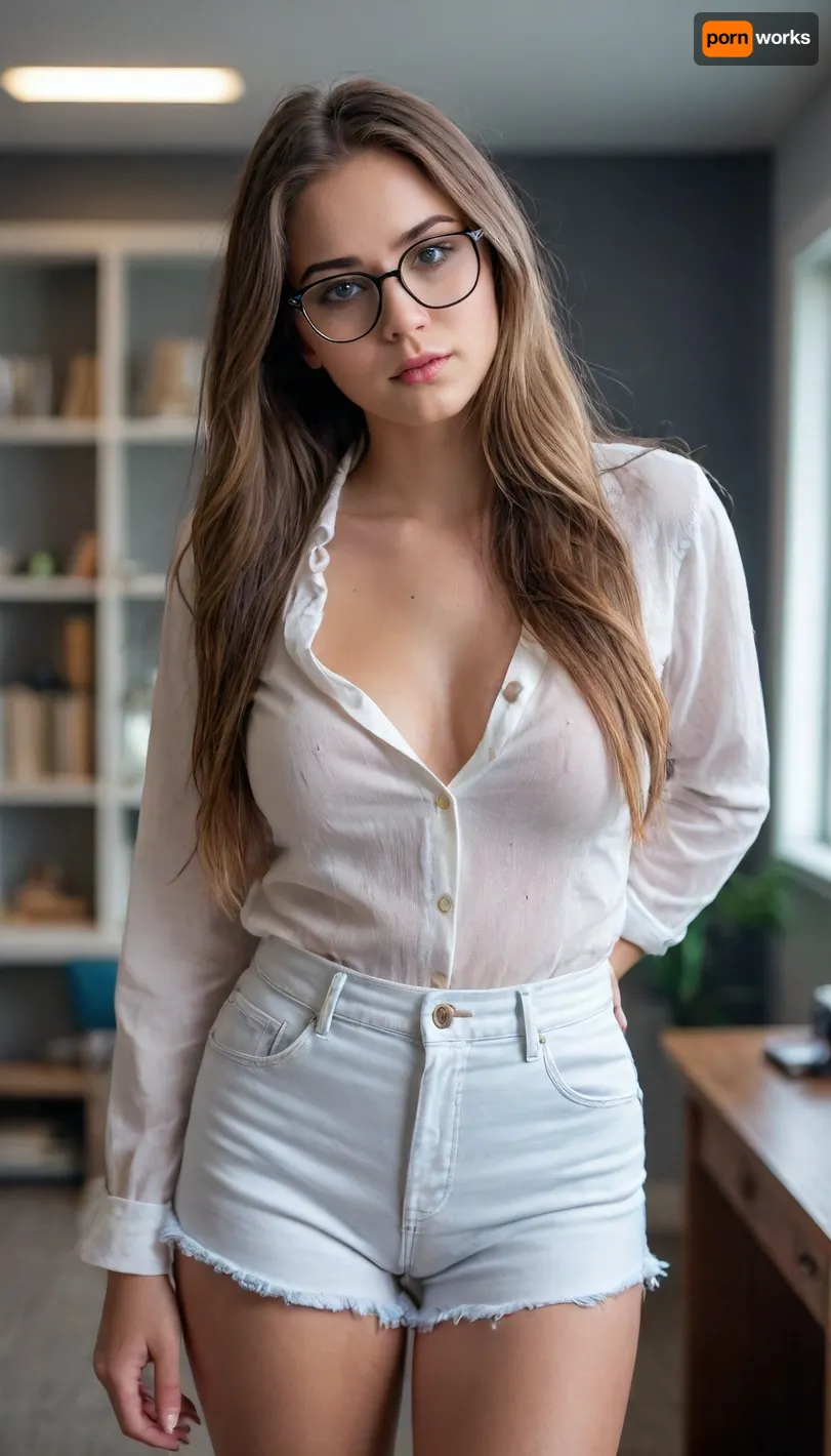 Woman, One, 20 Years old, White, Busty, Long hair, Full body, Standing, Closeup Portrait, Cotton shorts, Blouse, Glasses