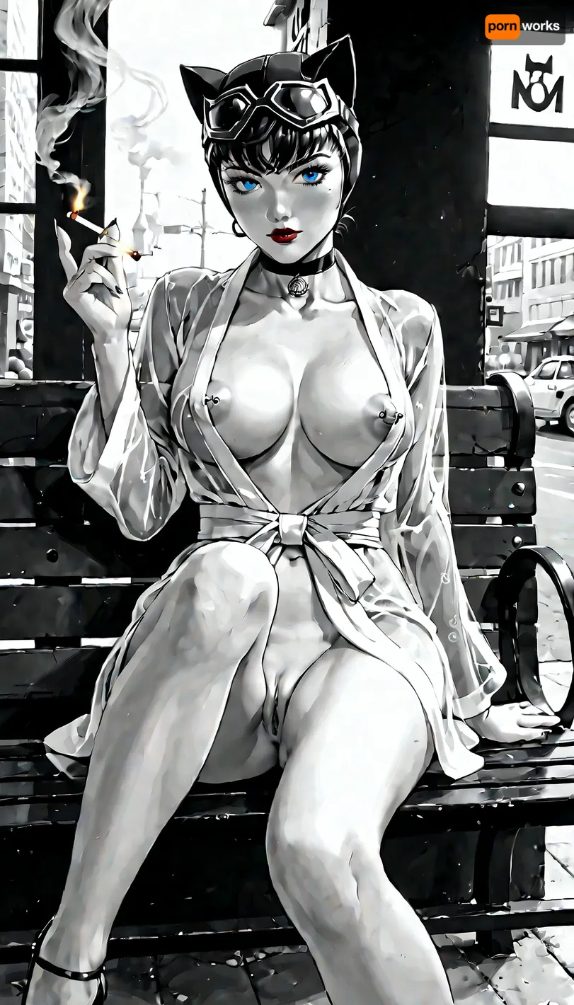 Girl in noir style, Catwoman from DC Comics wearing a mini see-through kimono, vagina, goggles, she is sitting on a bench near a blue pool, smoking a cigarette, noir, full horizontal body, (puffy breasts), pierced nipples, night city, nipple slip, blue eyes, red lips, . Style, drawn in black and white colors., one, breast, <lora:one breast out XL:.5>, anime style, noir style, black and white drawing, ((the background is noir style black and white))