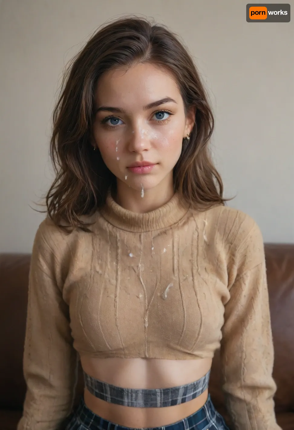 Skinny 18 year old eurasian girl in tight cropped sweater and plaid skirt with firm breast, flat midriff, cumfacial55, cum, on, face, cumshot, cumfacial, facial, <lora:RMSDXL_Enhance:1.4>