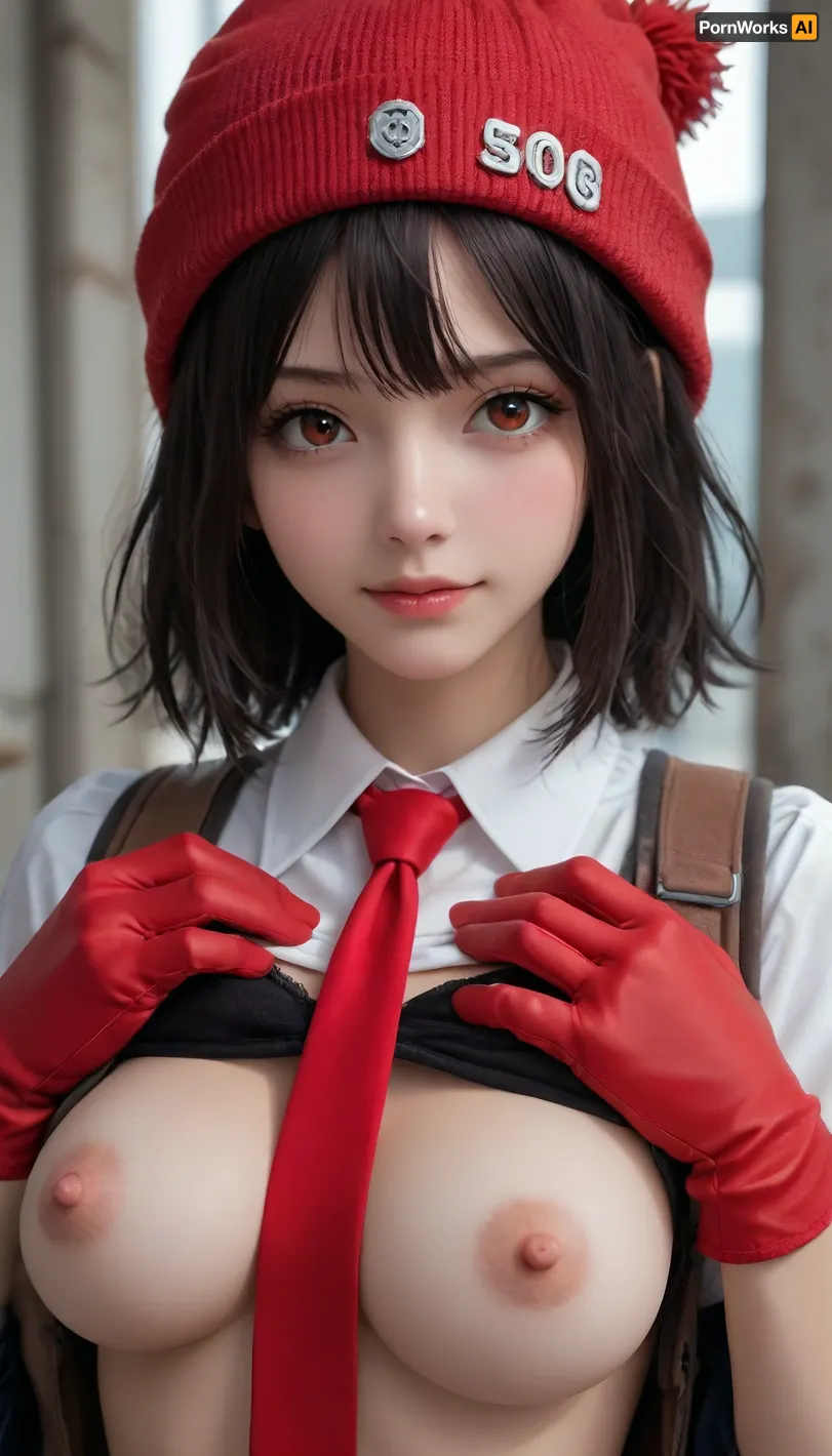 undead unluck, izumo fuuko, 1girl, beanie, black hair, bra, bra lift, breasts, breasts out, gloves, hat, large breasts, necktie, nipples, red eyes, red gloves, red headwear, red necktie, smile, solo, trembling, underwear, upper body