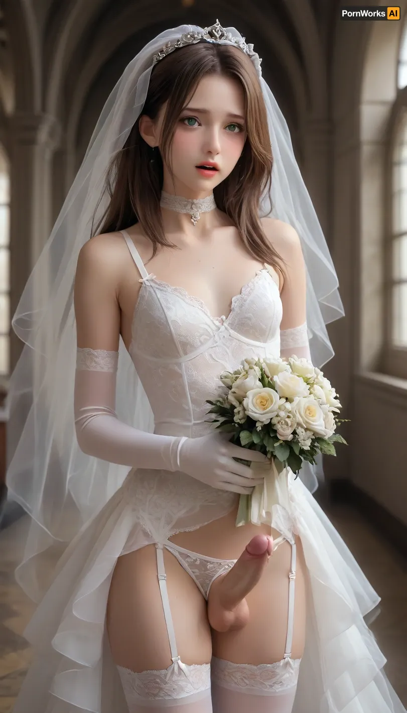 femboy, blush, bouquet, bridal veil, bride, brown hair, choker, crotchless, crotchless panties, dress, elbow gloves, erection, flower, garter straps, gloves, green eyes, lingerie, long hair, open mouth, panties, penis, precum, tears, testicles, thighhighs, trembling, underwear, veil, wedding dress, white gloves, white panties