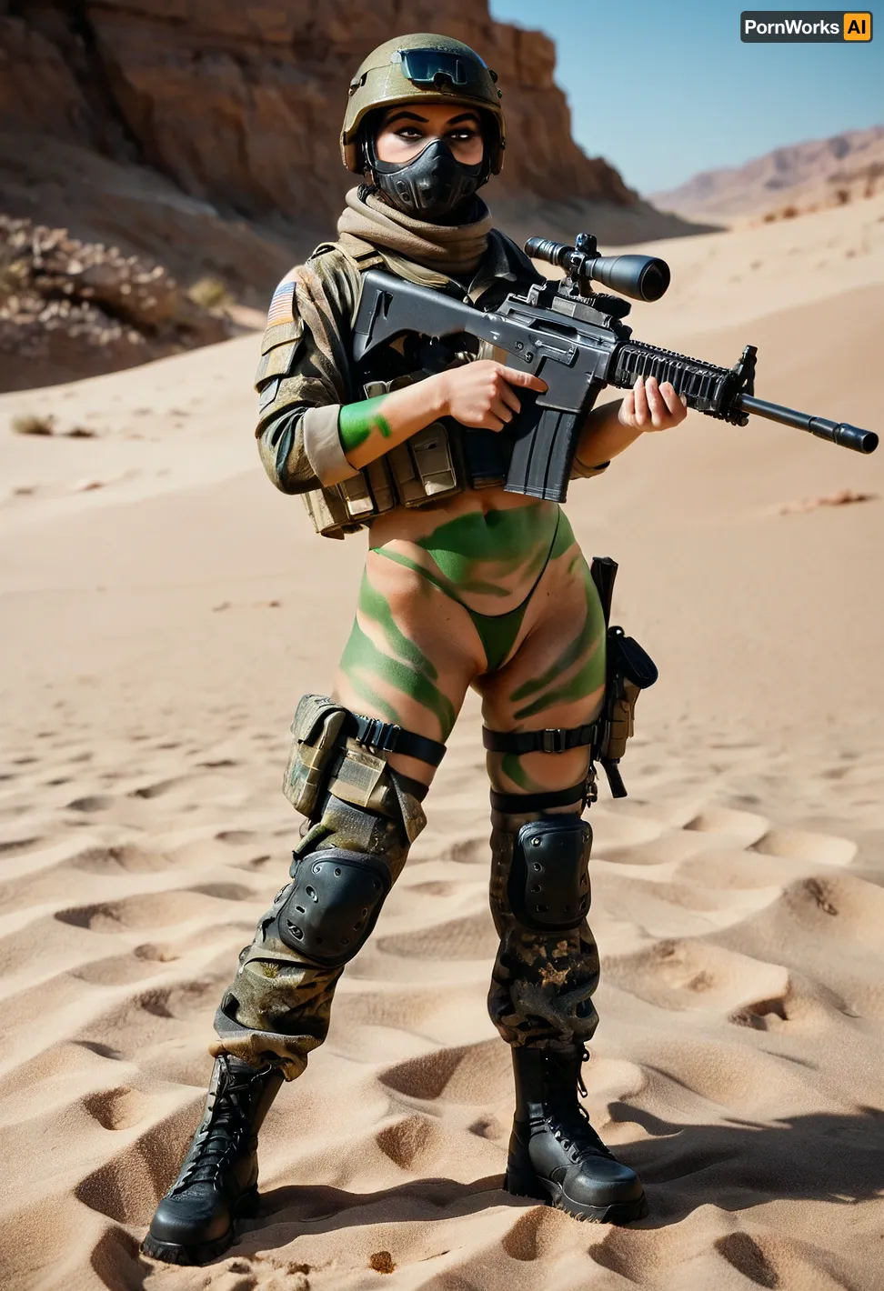 UHD 8K, extreme realism, maximum detail, army captain, 25yo, army snipers, rifles, ((naked but with full body black and green camouflage body paint ans small thong)), ski masks, exposed tits, modern warfare black and green camouflage helmet, sand, black army boots, desert, sahara, photorealistic, big tits, shaved pussies, all pointing at a target in the distance, looking away from viewer, angry serious faces, <lora:XL_Weapon_Sniper_Rifle_-_By_HailoKnight:.5>, <lora:M16 Rifle series:.5>, <lora:ski_mask:.5>