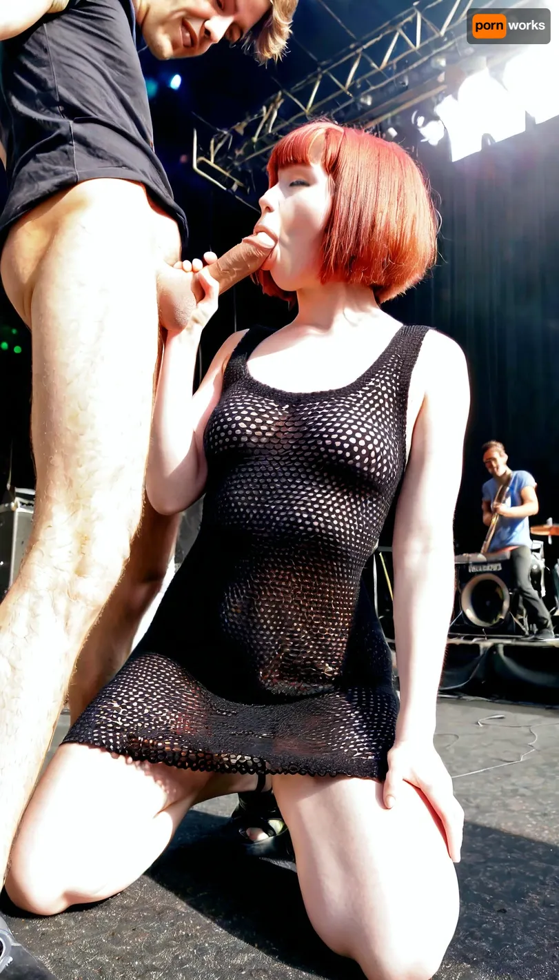 Sexy redhaired groupie, (bobcut), wearing a black coarsely crocheted summer dress, kneeling, shaking her head, caresses her pussy and sucks the cock of the singer on stage during a sunny concert

Penetration, deep fuck, huge cock