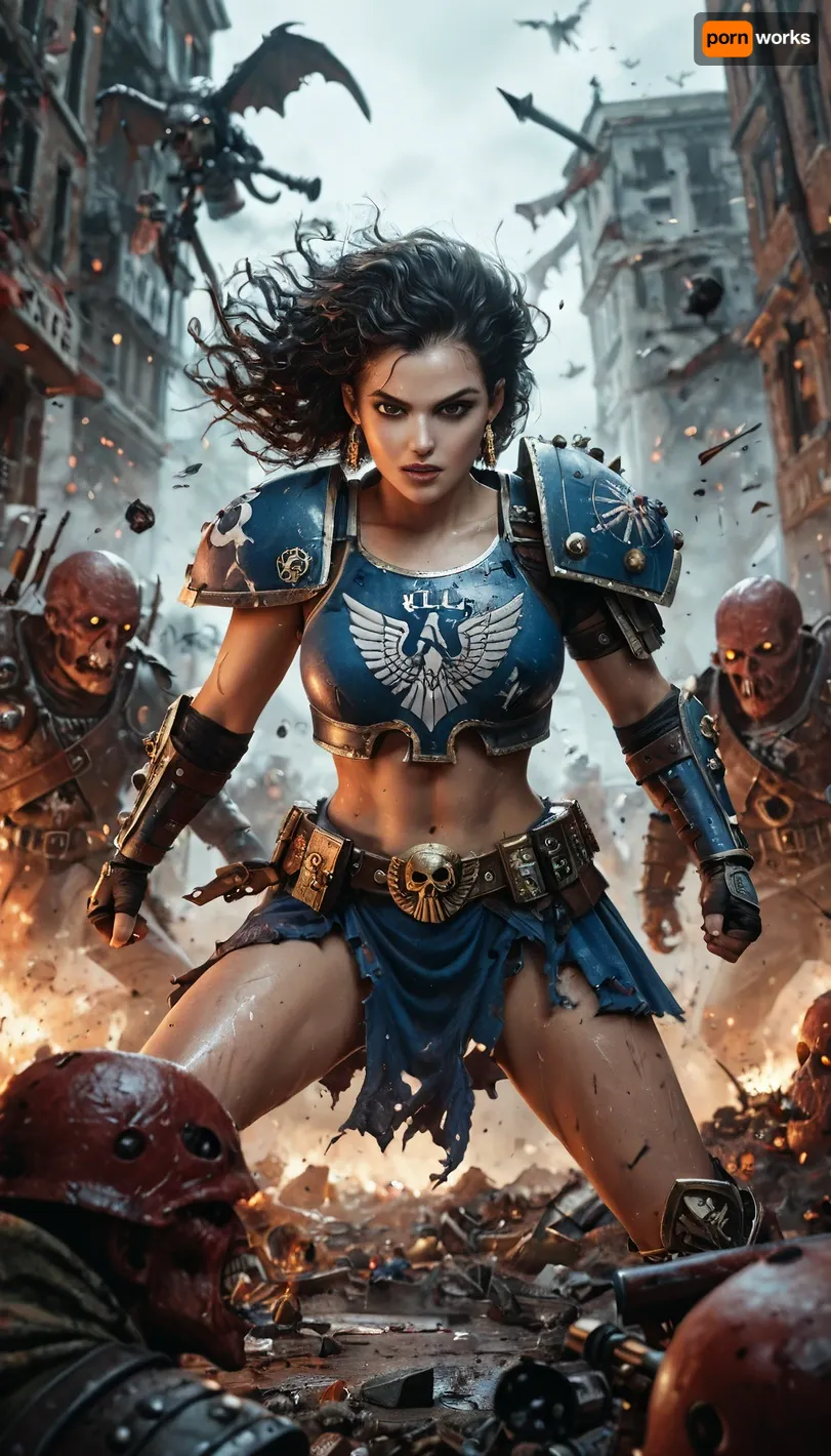 Warhammer, female, in armor, sister of battle, Warhammer 40000, epic pose, poster, masterpiece, high detail, kill monsters, monster fight, destroyed city