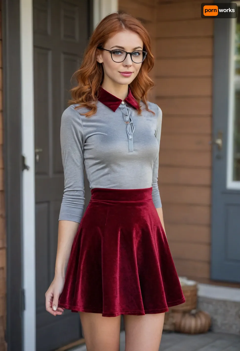 (photo taken on front porch of a wooden house, sunhine:1), photo shows complete body, dynamic, realistic, perfect lighting, (best shadows), 8K, UHD, clear image, (best lighting), best quality, ultra detail, fine detail, high resolution, 8k wallpaper, masterpiece, one female, (European Swedish mom 30 years old:1.2), ((skinny with perky tits:1.4)), (((skinny, small, petite, height 175 cm, long perfect legs, perfect round ass, autumn narrow waist, wide hips:1.4))), (detailed green eyes, long wavy red hair, individual hair strands in face:.8), (very detailed face, beautiful, light freckles, tanned skin, full lips), ((wearing a detailed shimmering dark grey velvet skater skirt:1.4), (light red cotton fabric blouse with collar, blouse knotted at the stomach:1.4), detailed high platform shoes, (glasses:1.2), big earrings)