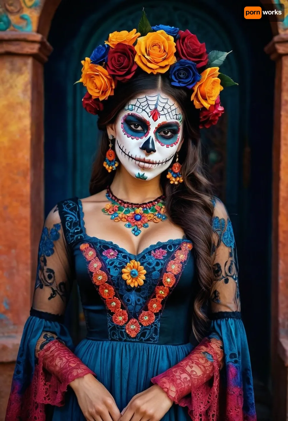 Mexican beauty skinny girl. in costume and makeup for dia de muertos, decollete. Maxi dress. Oiled skin. Smile. filigree of bright, rich color. Super clear, highly detailed watercolor, glaze technique, plus colored alcohol ink.