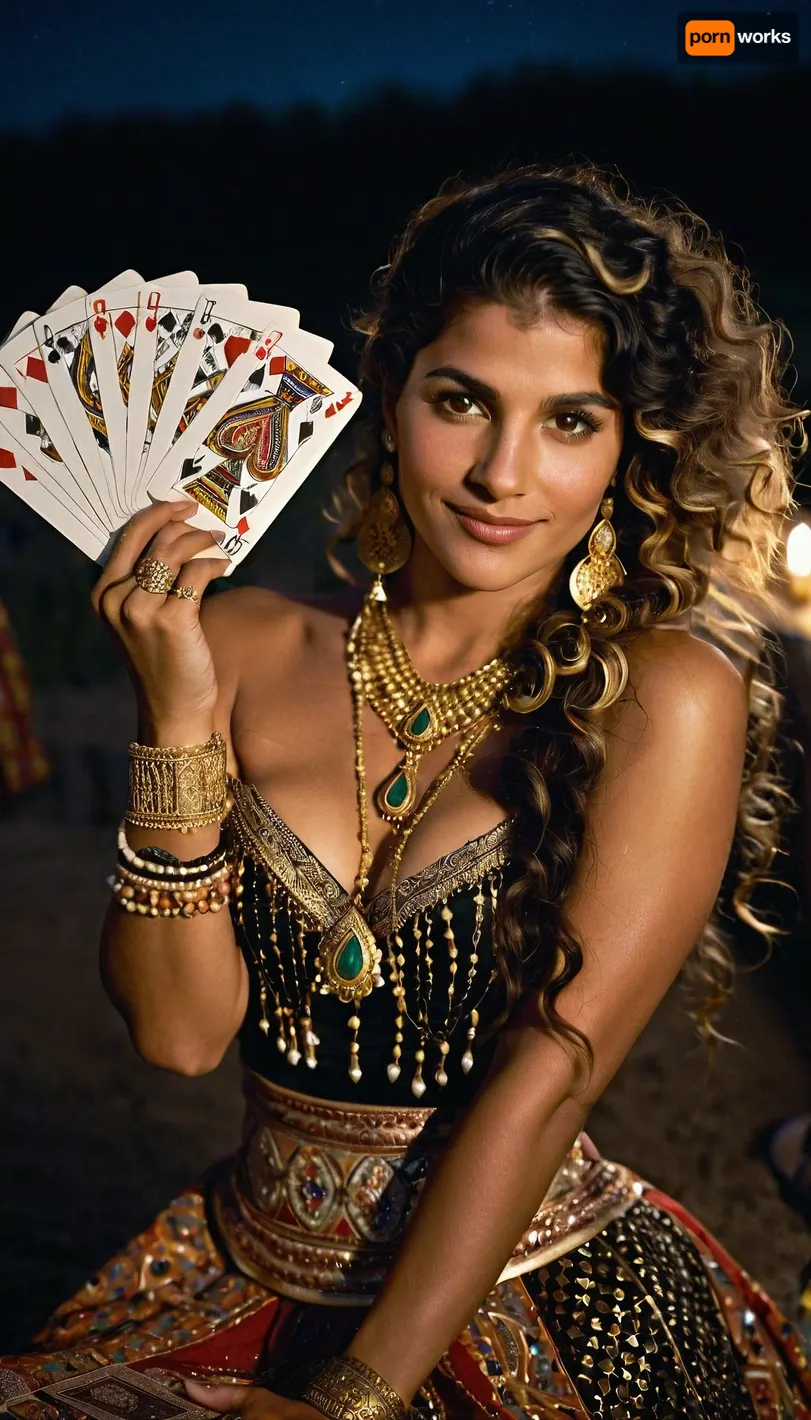 Portrait of a gypsy woman with a fan of playing cards facing the camera. She is wearing a bright, layered skirt decorated with gold and silver patterns. On her neck and wrists glisten massive jewelry made of gold and precious stones. Her hair is long and thick, jet-black, and falls in waves over her shoulders and back. Her eyes are deep and penetrating, sparkling like stars, and a mysterious smile plays on her lips. In her hands, she holds a fan of playing cards, which she has put out in the direction of the camera. Outdoor starry night.