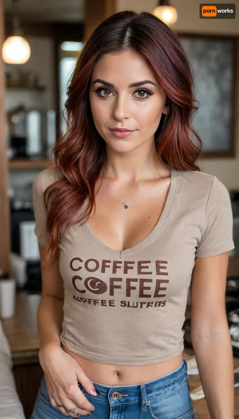 sexy hipster barista, fuck me eyes, (((v-neck shirt that says "COFFEE SLUTS"))), leaning over, cleavage, natural tits, down blouse, down shirt, no bras, nip slip, horny, POV, coffee, tattoos, colored eye shadow, colored hair, age 21 to 35 years old, downblouse, nipslip, ((boho chic, hippie, hipster, trendy, fitness influencer, Instagram)), medium length shot