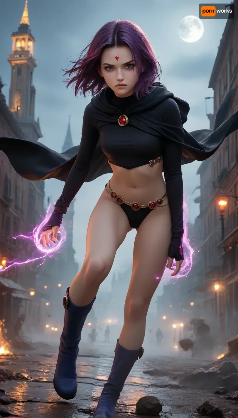 RavenTT, red forehead jewel, of raven from titans, grey skin, blue boots, black hooded, bodysuit, angry, angry expression, frown, purple eyes, small breast, small ass, black lipstck, score_9, score_8_up, score_7_up, skimpy intricate, gloves, purple swirling magic, city background, colorful, vivid, beautiful, HD, masterpiece, windblown wild purple hair, action pose, detailed body, hips, fantasy, (at night:1.5)