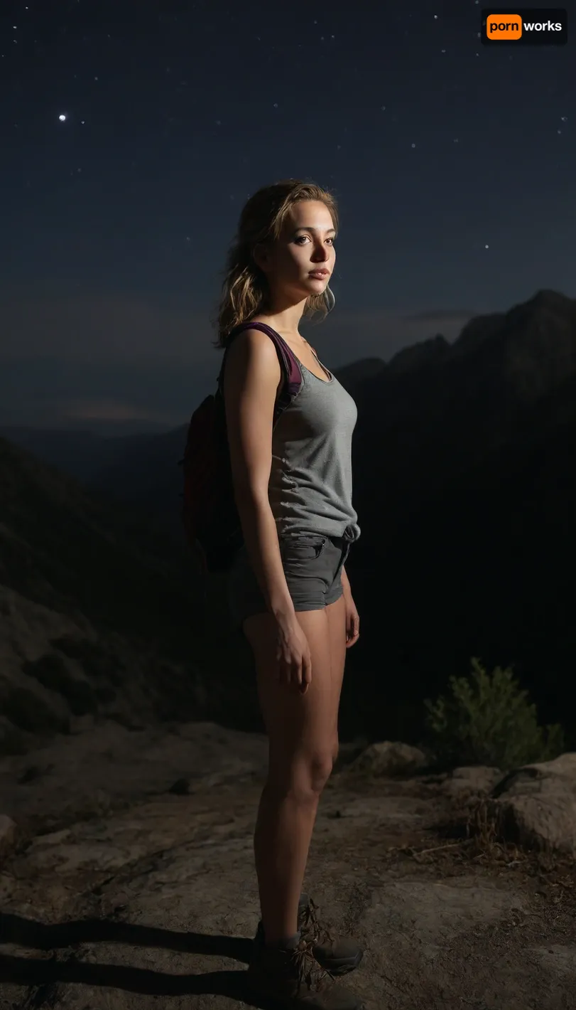 The image is a photograph featuring a young woman standing outdoors in the night on a mountainous terrain, likely a hiking trail. She has a light skin tone and appears to be of Caucasian descent.

40 years woman dutch, very sexy montain instagrammer., (full body shot:1.6), (photorealistic:1.4), (masterpiece:1.4), (Hard flash:1.2), (shot on an iphone:1.3), (amateur photo, candid photo:1.2), (night time, m, lights off, moody lighting, camera flash, overexposed, harsh flash:1.2), (Taken with iPhone:1.3), .


The overall composition emphasizes the contrast between the rugged terrain and the tranquil seascape