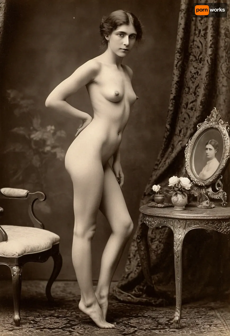 victorian era, nude, black and white, victorian era photography, full body, super skinny, showing pussy, young, 1880's photograph, side view, legs open, 1800's photo quality, sephia tone, hairy pussy