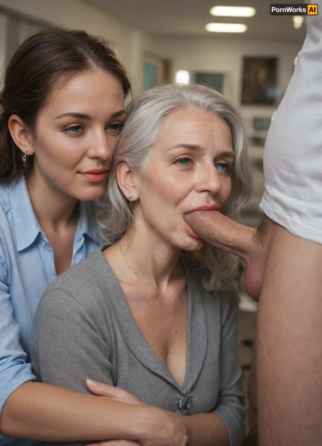 Threesome, elderly people making love in the office