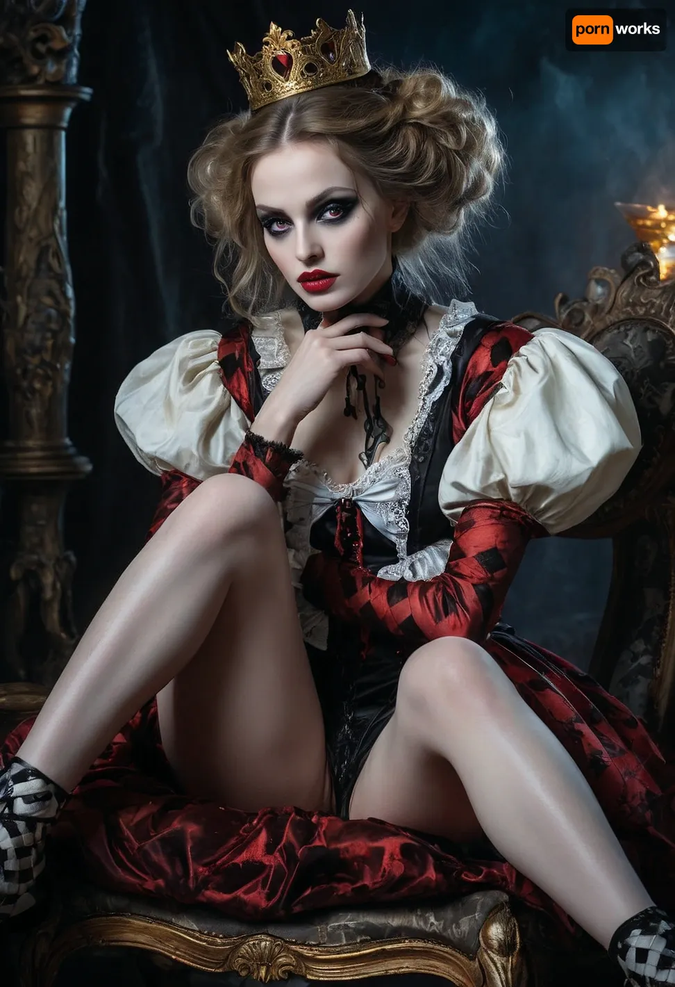 Tall, evil Alice in wonderland, full body shot, black, black gothic makeup, a beautiful female harlequin, tall, beautiful perfect figure, perfect tall legs, charming eyes, sad yet gracious face, dark background, fantasy art capturing the style of Aaron Horkey, Jeremy Mann and Luis Royo, body-focused composition from a low angle, alluring figure, dark fantasy, dynamic composition, white colors, red lipstick, warm hues, rendered in colorful ink flow, showcases acrylic calligraphy, watercolor techniques integrated seamlessly into a maximalist masterpiece, detailed with gouache fluidity, golden hour light