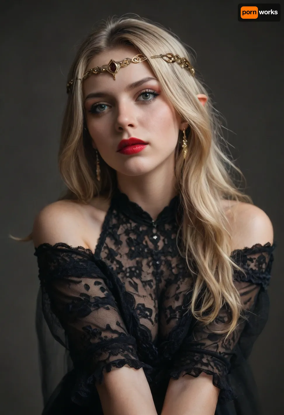 Tall, evil beautiful queen, wearing elf style circlet, blonde long straight hair, full body shot, black, black gothic makeup, tall, beautiful perfect figure, perfect tall legs, charming eyes, sad yet gracious face, dark background, fantasy art capturing the style of Aaron Horkey, Jeremy Mann and Luis Royo, body-focused composition from a low angle, alluring figure, dark fantasy, dynamic composition, white colors, red lipstick, warm hues, rendered in colorful ink flow, showcases acrylic calligraphy, watercolor techniques integrated seamlessly into a maximalist masterpiece, detailed with gouache fluidity, golden hour light