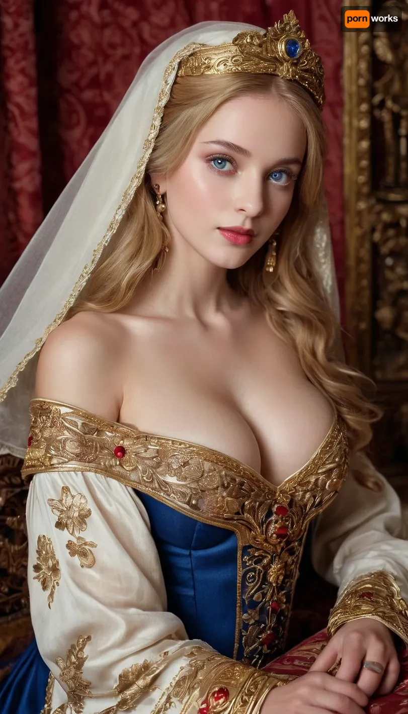 (masterpiece, best quality, highres, photorealistic), an incredibly beautiful 20-year-old ancient Russian maiden, a vision of elegance and sensuality, her, (slender, toned body:1.3), draped in an opulent traditional, (gold and crimson kokoshnik:1.3), a regal headpiece adorned with pearls and intricate embroidery, (long, thick, golden-blonde hair:1.3), flowing in an elaborate braid, cascading down her delicate back, decorated with ruby-red silk ribbons, (large, round, firm breasts:1.4), accentuated by a finely embroidered golden corset, shaping her silhouette beneath an ethereal, (luxurious, richly decorated sarafan:1.3), flowing with elegant drapery, intricate Slavic floral motifs shimmering under the warm candlelight, (wide, expressive deep blue eyes:1.3), glowing with innocence and allure, (full, rosy lips:1.3), slightly parted in a soft, seductive smile, her smooth, porcelain-white skin kissed by the soft glow of flickering torches, sitting gracefully within the grand wooden chambers of an ancient Rus’ palace, her delicate hands resting upon an ornately carved oak table, beside a gleaming golden goblet filled with spiced honey mead, an elaborate hand-woven rug covering the polished wooden floor beneath her bare, dainty feet, intricate Byzantine-style icons and golden candleholders illuminating the chamber, a towering stone hearth crackling warmly in the background, shadows dancing upon richly adorned walls, the scent of burning frankincense lingering in the air, soft natural light filtering through embroidered linen curtains, ultra-detailed textures of silk, fur, and wood, cinematic composition, smooth focus, realistic depth, HDR, natural and balanced tones, avoiding excessive contrast while maintaining lifelike realism, capturing the untamed beauty, power, and elegance of ancient Rus'.