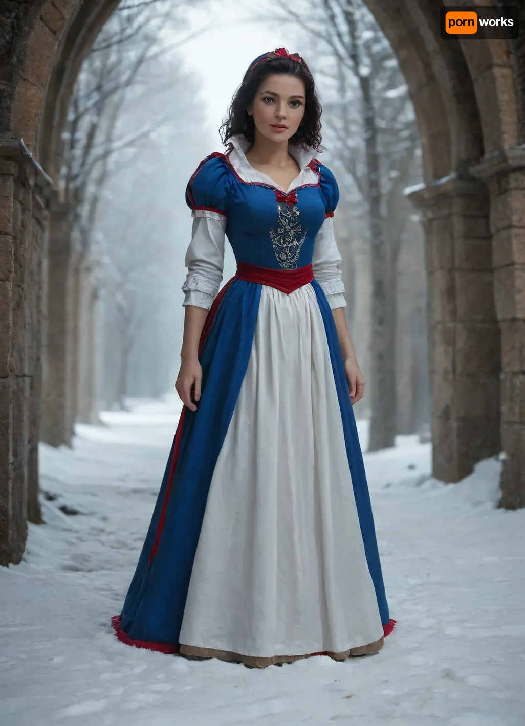 (Snow White:1.5), perfect hands, perfect fingers, perfect anatomy, realistic skin, masterpiece, best quality, high resolution, ultra detailed, ((full-body image)), ((extreme distance shot)), (long shot)