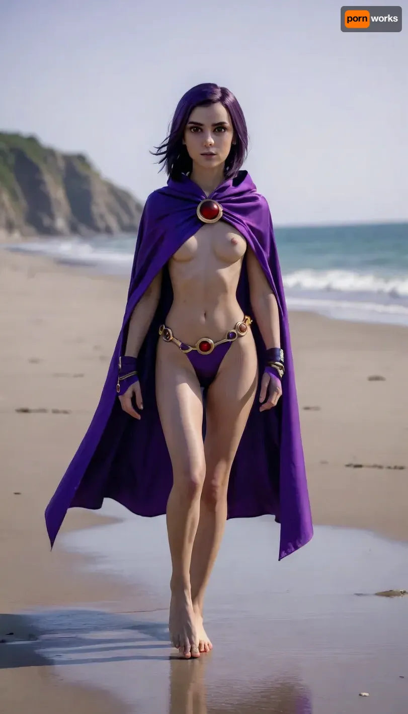 ohxw, rave12, walking on a beach, full body, cartoon, 2d, sharp, petite, cape and a purple cape, <lora:1raven-000004:.9>