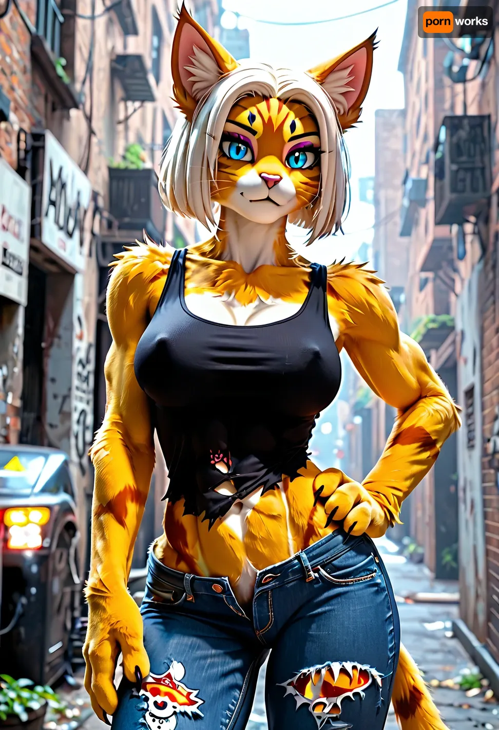 1girl, ((furry feline female in a dark alley)), grey and black striped cat anthro, looking at viewer, black cat's head, alone, big tits, muscular, thin, slim, abs, small ass, city theme, torn blue jeans, tank top torn open exposing tits, fursuit, <lora:FursuitXL:.6>, <lora:Hegre-Nude_woman-000001:.5>