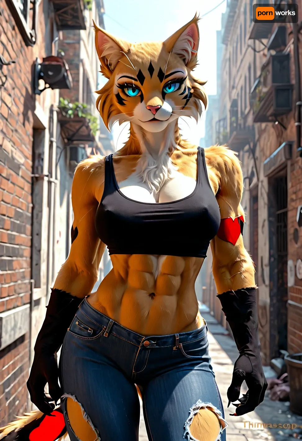 1girl, realistic, ((furry feline female in a dark alley)), grey and black striped cat anthro, looking at viewer, black cat's head, alone, big tits, muscular, thin, slim, abs, small ass, city theme, torn blue jeans, tank top torn open exposing tits, fursuit, <lora:FursuitXL:.6>, <lora:Hegre-Nude_woman-000001:.5>
