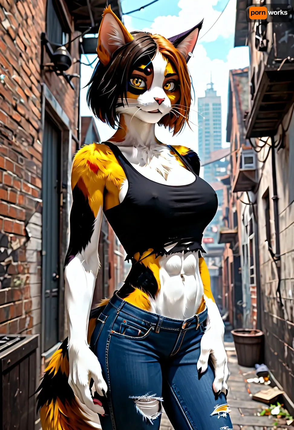 1girl, realistic, ((furry feline female in a dark alley)), calico cat anthro, looking at viewer, calico cat's head, alone, big tits, muscular, thin, slim, abs, small ass, city theme, torn blue jeans, tank top torn open exposing tits, fursuit, <lora:FursuitXL:.6>, <lora:Hegre-Nude_woman-000001:.5>