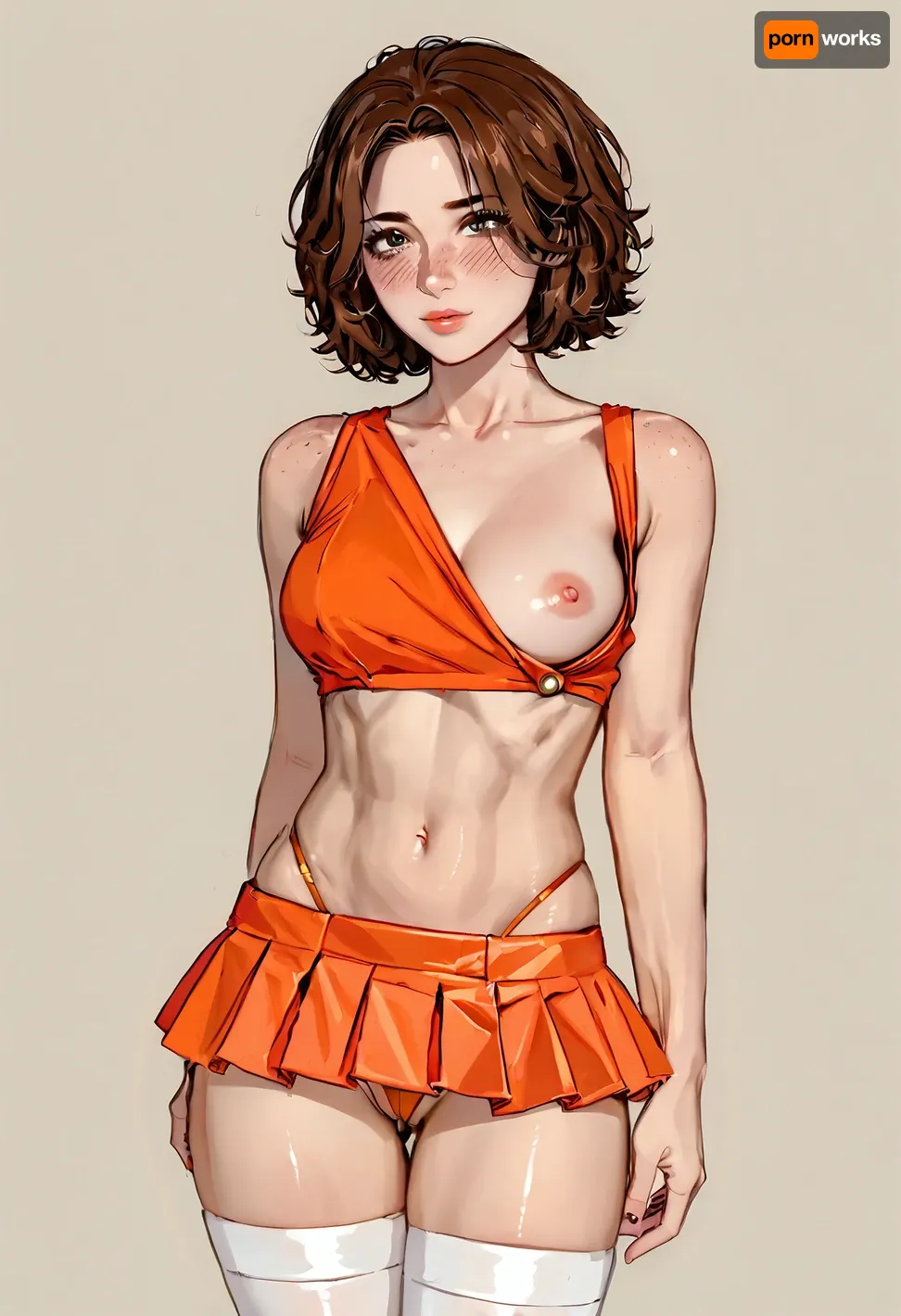 (1girl, brown hair, shoulder lenght hair), beautiful face, blush, freckles, breasts, (one breast out, braless, showing pussy), ((red micro skirt, orange crop top, white stockings, g-string panties)), ratatatat74, <lora:cartoon_stickers_xl_v1:.6>, <lora:ratatatat74-000050:1.6>