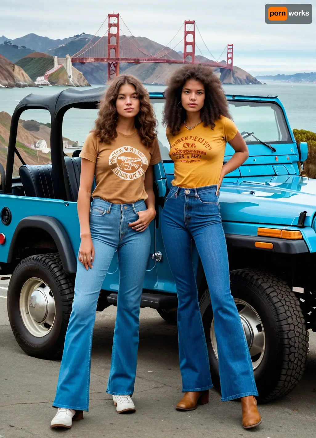 2 girls, 18 yo, photo in style of 70's, standing by an old hippie Jeep Wrangler, stripped tight t-shirt, tight hippie denim pants, fluffy hair, San Francisco street scenery