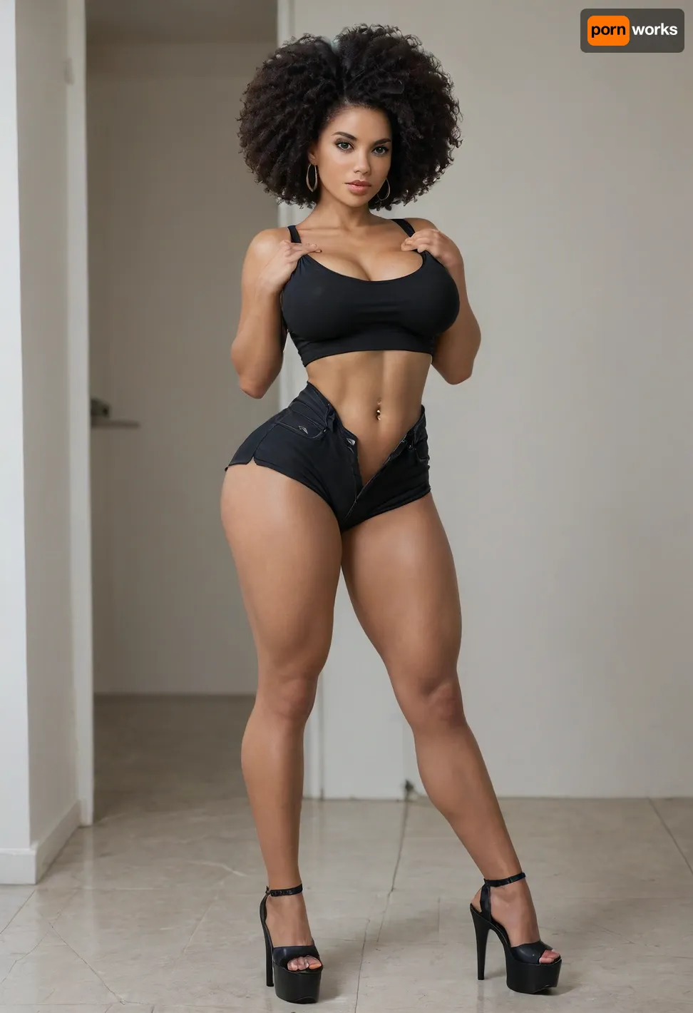 ((black woman)), afro, cute face, thick eyebrows, long eyelashes, busty lips, big breast, (tiny waist), ((big huge ass)), dark skin, thin, fit, muscular, long nipples, pierced navel, short tight crop tank top, tight booty shorts unbuttoned showing pussy, platform high heels, full body view