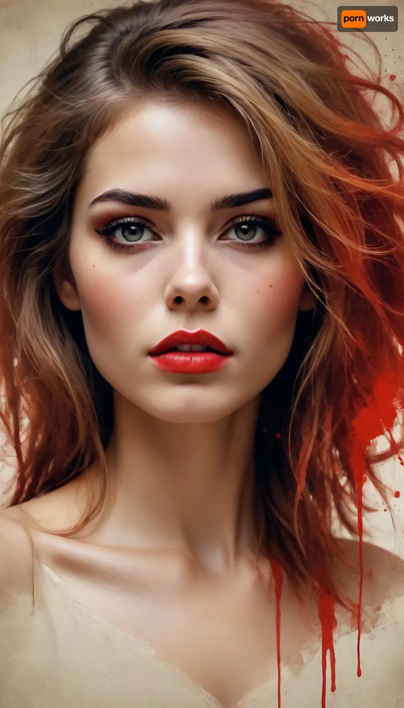 Sketch painting. Old yellowed parchment, ink blots, bold black strokes, female, simple composition, striking usage of minimal red strokes. touching. kind eyes. elaborate hair. dark makeup