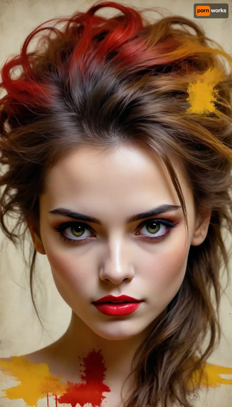 Sketch painting. Old yellowed parchment, ink blots, bold black strokes, female, simple composition, striking usage of minimal red and yellow strokes. touching. kind eyes. elaborate hair. dark makeup