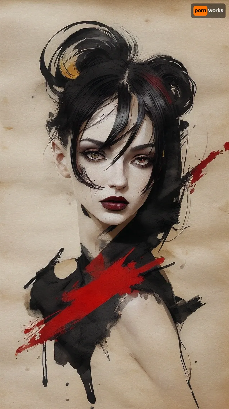 Sketch painting. Old yellowed parchment, ink blots, bold black strokes, female, simple composition, striking usage of minimal red strokes. touching. kind eyes. elaborate hair. dark makeup