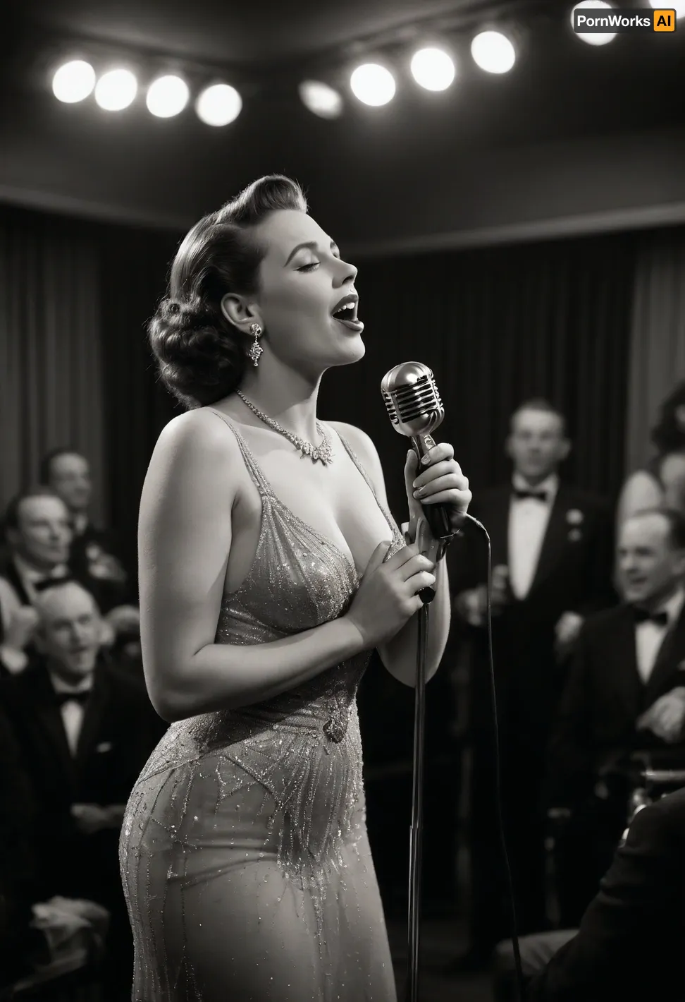 (Chansonette in the 1940s singing in a luxury cabaret), beautiful perfect young girl, famous Cansonette from the 40s, perfect vintage body from the 40s, very amazing giant huge saggy pointy boobs, in a very sexy vintage bright sheer elegant dress, 40's jewelry and earrings, black and white efect photo, perfect detailed singing antique microphone from the 1940s, full deitailed scene complete, in the luxury cabaret, mob of people, (crowd of people having lunch and applauding), (((full body portrait))), (masterpiece), (incredible high quality realistic photo), high quahalflity textures, ultra high definition RAW file, (incredible uhdr), (incredible sharp image)