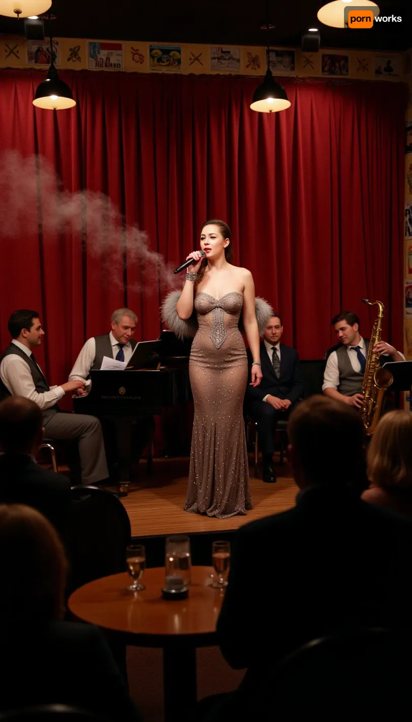 A vibrant 1940s cabaret stage bathed in the warm glow of dimly lit pendant lights, casting dramatic shadows across the rich, velvet curtains. At center stage, a glamorous chansonette in a shimmering, figure-hugging evening gown adorned with sequins and a feathered boa stands under a single spotlight, her face radiant with a mix of passion and nostalgia. She holds a vintage microphone in her gloved hand, her eyes closed, as she sings a soulful tune with a French accent, captivating the audience. Behind her, a quartet of musicians, consisting of a pianist, double bass player, saxophonist, and drummer, are engaged in their instruments, adding layers of sophistication to the melody. The smoke from their cigarettes and the ambience of the room swirls upward, contributing to the hazy, intimate atmosphere. The audience is a sea of well-dressed patrons, their faces reflecting the soft light, with some leaning in to better absorb the emotive performance while others sway gently to the rhythm. The walls of the cabaret are lined with framed vintage posters, and small round tables are crowded with half-filled glasses of wine and champagne. The scene is a time capsule of the era, exuding the charm, elegance, and the bittersweet longing that characterized the music and nightlife of the 1940s. The woman's voice, a blend of Edith Piaf's grit and Billie Holiday's soulfulness, fills the room, resonating with the tumultuous history of the time, yet offering a brief reprieve from the world outside. The entire image is steeped in a monochromatic palette of deep reds and blacks, reminiscent of old photographs, which only heightens the sense of timelessness and the transportive nature of her song.