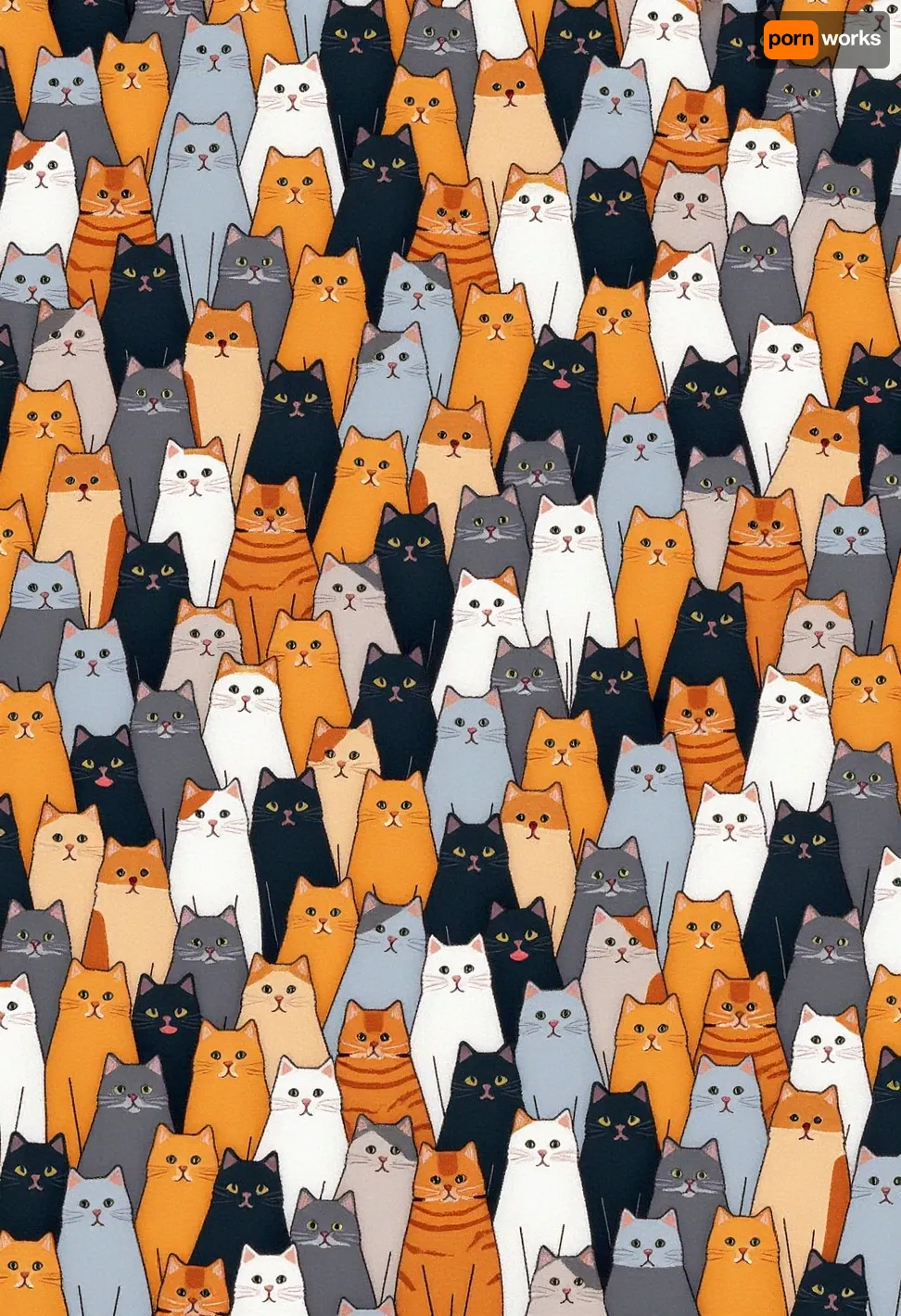 An intricate and vibrant illustration of a massive crowd of cats, filling the entire frame with no visible background. Each cat is depicted with unique fur patterns, colors, and expressions, showcasing a wide variety of breeds. The color palette features warm tones of orange, white, gray, black, and blue, creating a harmonious yet dynamic visual. The cats are arranged in a dense, non-symmetrical pattern, with each individual distinct yet blending seamlessly into the collective. The lighting is soft and even, highlighting the rich textures of the fur and the individuality of each cat. The overall style is realistic with meticulous attention to detail, giving a sense of warmth and liveliness to the composition.