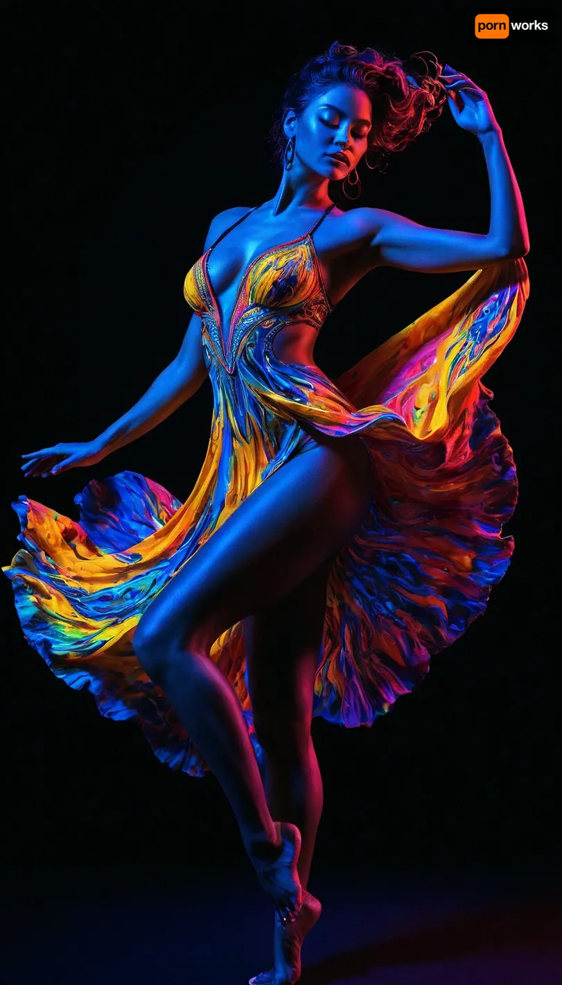 Colorful woman, Black ink flow, 8k, photorealistic masterpiece, intricately detailed fluid gouache, calligraphy, watercolor art, professional photography, volumetric lighting, photo-illustration, concept art, elegant, fantastical, PENeonUV, blacklight, neon, the whole body is visible, dynamic pose, dancing, <lora:PE_NeonUV Style:.5>