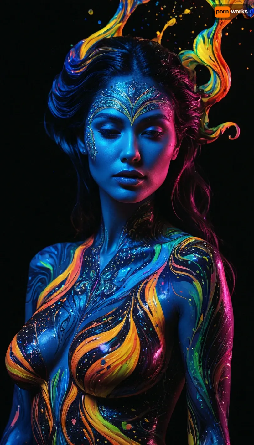 Colorful woman, Black ink flow, 8k, photorealistic masterpiece, intricately detailed fluid gouache, calligraphy, watercolor art, professional photography, volumetric lighting, photo-illustration, concept art, elegant, fantastical, PENeonUV, blacklight, neon, <lora:PE_NeonUV Style:.5>, ais-brknlvlmp, <lora:ais-brknlvlmp-sdxl:.5>