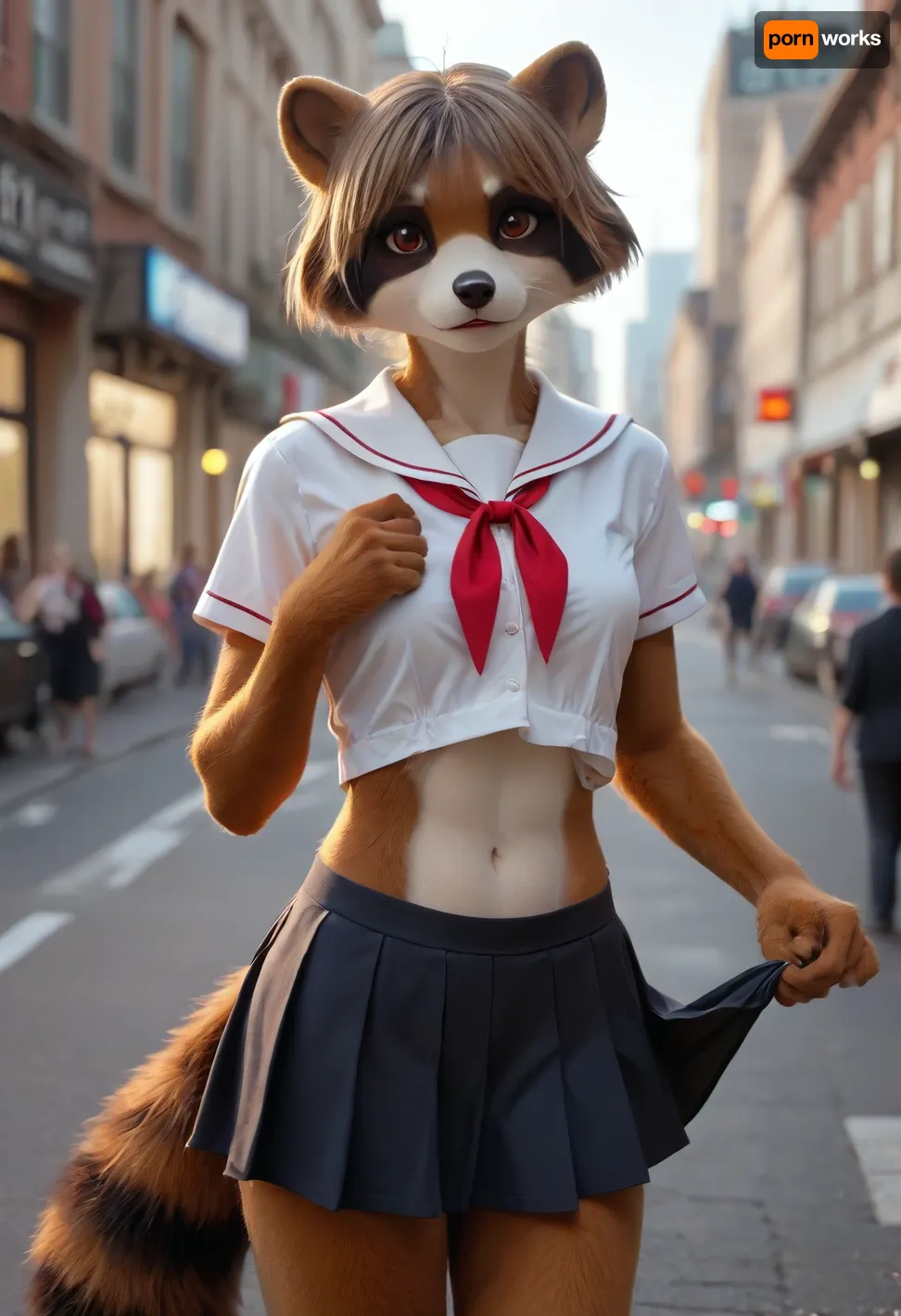 1girl, ((furry raccoon female on street)), raccoon anthro, midget, small body, short arms, short legs, looking at viewer, raccoon's head, alone, fit, thin, slim, abs, small ass, city theme, school uniform, pulling up skirt to show bald pink pussy, fursuit, <lora:FursuitXL:.6>, <lora:Hegre-Nude_woman-000001:.5>