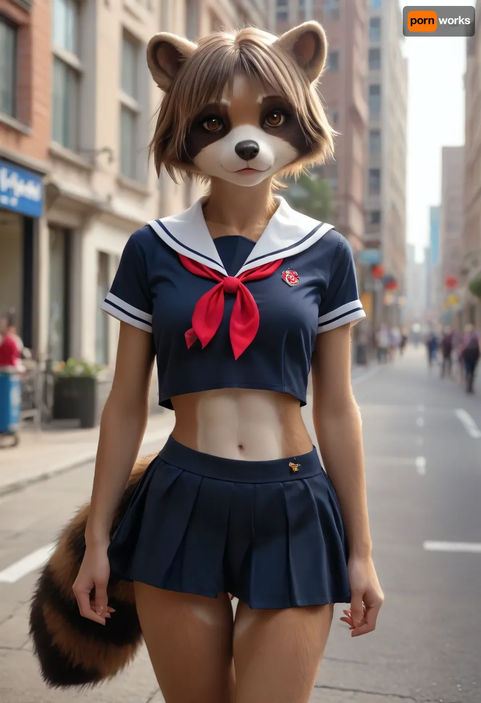 1girl, ((furry raccoon female on street)), raccoon anthro, midget, small body, short arms, short legs, looking at viewer, raccoon's head, alone, fit, thin, slim, abs, small ass, city theme, school uniform, pulling up skirt to show bald pink pussy, fursuit, <lora:FursuitXL:.6>, <lora:Hegre-Nude_woman-000001:.5>
