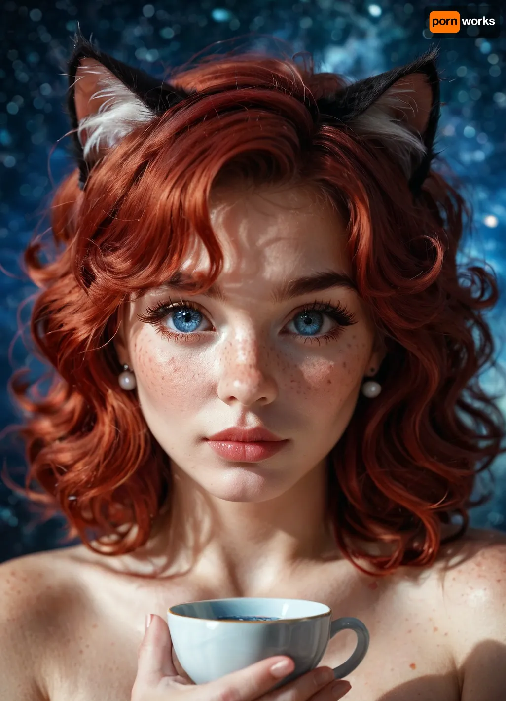 young woman 18 years old, red hair, short, shaggy, messy, cat ears, very pale skin, freckles, big blue saucer eyes, (big space eyes), chubby, long eyelashes, long bushy eyebrows