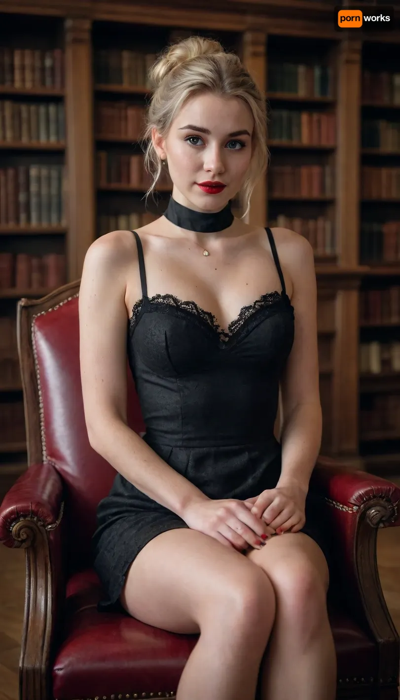 woman 20 years old, only light source candle light, poor lighting, surreal, 8k resolution, super detailed, professional photography, Instagram model, Russian librarian in an old dark wooden library sitting in an old big armchair, blonde hair messy bun, black cocktail dress, 1 breast exposed, slightly spreaded legs so she can teas with view under the dress not su much that you could spot her vagina, medium breasts, Nordic, freckles, lifelike face, athletic body, lustful enjoying face, mysterious shy smile, bracelet, black chocker, full body, red lipstick and fingernails, nose piercing, scar through her left eyebrow