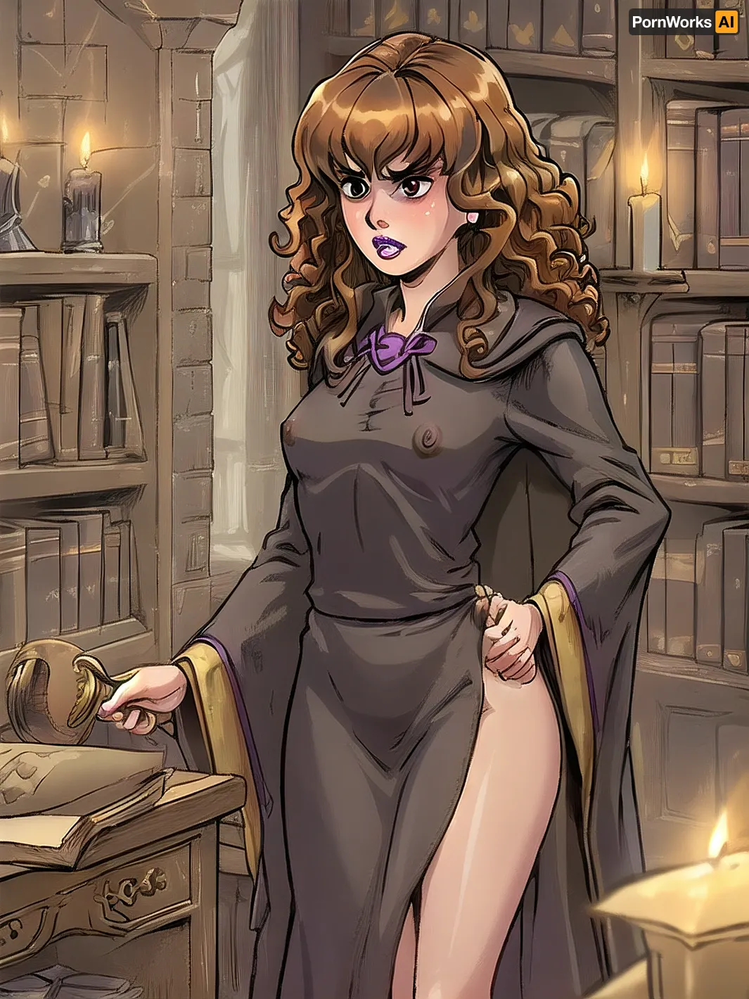 (beautiful, sexy, extra small, young Hermione Granger, Celtic face, (((large brown eyes))), (((frizzy curly auburn hair))), (((puffy purple lips))), extremely skinny body, small body, gaunt, (perky tits, small pointed breasts:1.5), nipples sticking hard, thin waist, narrow slender hips, slender long legs, perfect smooth knees), late night, only candle light, dark light, candle shadows, blackout curtains, looking at her knees, ancient library, bookshelf in view, (Hogwarts black robe open in the front, naked), vintage book nearby, blushing, embarrassed, angry, surprised, shocked, <lora:akaburStyleLora_akaburAnythingV3Lora:.5>