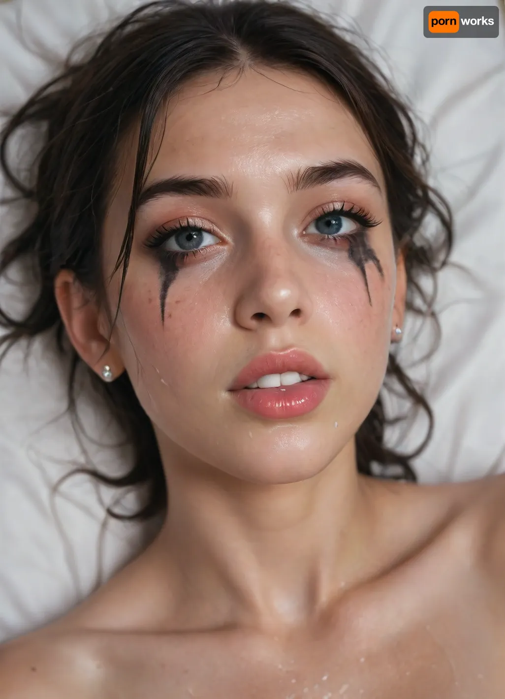 cute young cumslut lying on the bed, very long dark black hair, wet hair, sweaty skin, bruises in face, running mascara, smeared makeup, semen drips over her face all of her body and face is covered in semen, on her face, in her mouth, on her tongue