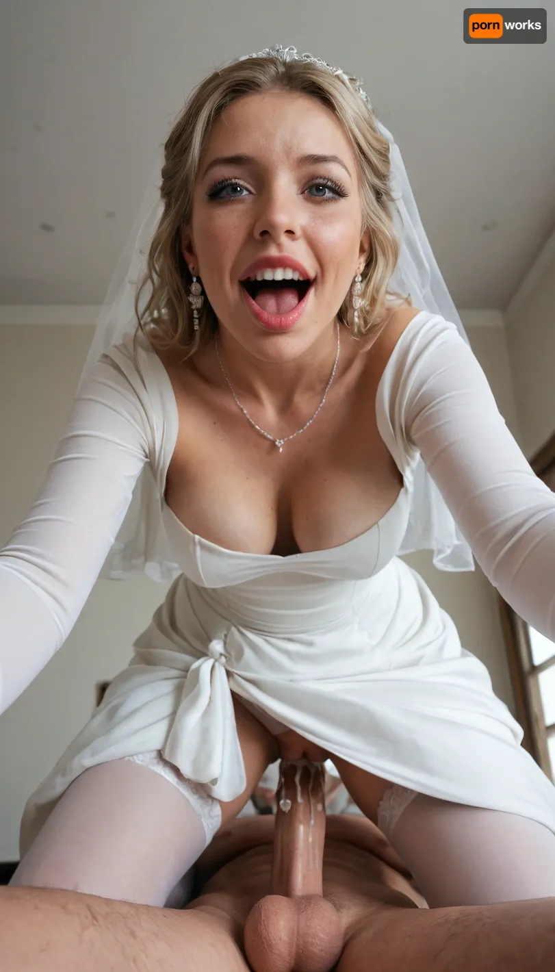 1woman, (milf:1.2), slender, 40yo, 1man, breasts, hetero, penis, sex, pubic_hair, vaginal, uncensored, grabbing, breast_grab, pussy, female_pubic_hair, freckles, woman, legs apart, dress lifted, (standing:1.2), white stockings, earrings, testicles, perfect hair, wild hair, (short hair:.9), standing_sex, jewelry, out of frame, male_pubic_hair, (panties), white panties, panties aside, blush, sweat, realistic cum, clear cum, grabbing_from_behind, opened_eyes, medium breasts, clothed, wearing white long dress, (fabric dress), tanned skin, photorealistic, intricately detailed face, intricately detailed pussy, realistic cock, intricately detailed cock, realistic face, focus on pussy, cum filled pussy, (face out of frame), (view from below:1.2), realistic pussy, (eye contact:1.2), looking at viewer, looking down, smirk, grin, wicked smile, (snub-nosed), (sharp face features:1.3), (cuckold:1.1), cuck, wife, femdom, perfect teeth, (wide jaw:1.2), thick lips, (fake puffy lips:1.2), sexy makeup, dark eye lashes, pink lipstick, cleavage, wedding dress, bridal dress, bodycon dress, (narrow sleeves:1.1), gray eyes, (from behind), white chocker, beautiful face, perfect face, high detailed face, slut, whore, bride, wedding, white veil, white hairband, mistress, cruel, cum dripping, cum flow down from pussy, pulsing dick, pulsing vagina, (hard testicles), (moaning:1.3), cumming, a lot of cum, massive cum load, (sharp nose), (long nose), sweaty, sweating, flush, (long dress:1.1), long dress lifted, (reaching to viewer:1.2), perfect hands, five fingers, french nails, light eyes, blonde hair, (loose hair:1.2), (kneeling:1.3), (standing on knees:1.3), (leaning forward:1.3)