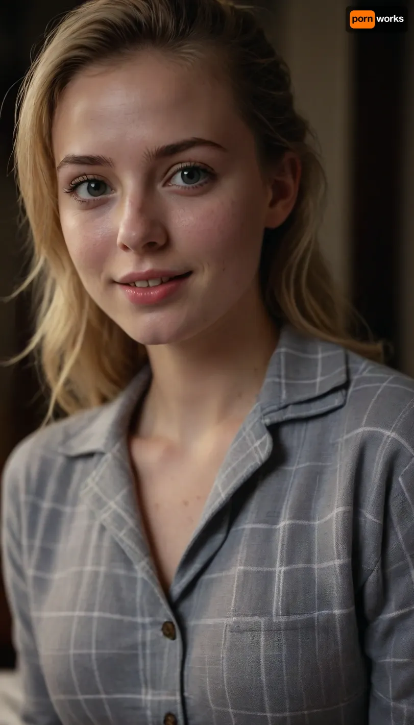 18 year old young adult girl, (small, not tall), (white skin), blonde, shy smile, (unexpected camera, surprised expression), best quality, photorealism, masterpiece, grey eyes, just wake up, grey pajama pants, ample pajama top revealing breasts, medium breasts, ((submissive)), ((lovely)), (((in very sexual erotic pose))), wild short sport ponytail, full body, ((very much want have sex)), ((high detailed pores on skin)), well-build body, medium tits, small lips, lots of freckles face and skin, blush on the checks and nose, (raised nasal tip, upturned button nose, upturned nose, delicate nose, nose), hypnotized loving grey eyes, brown wild wet hair with sidelocks, very sexy smile