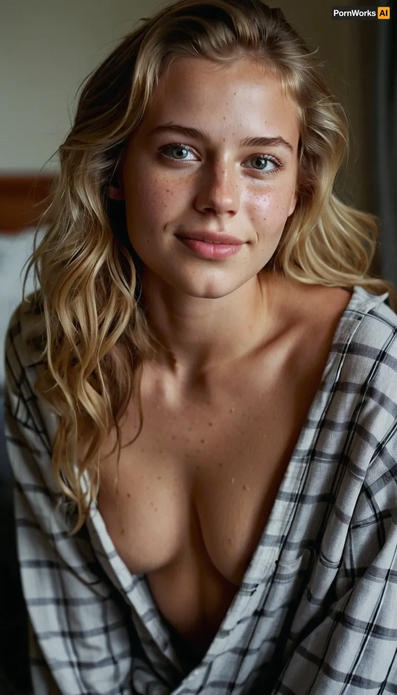 18 year old young adult girl, (small, not tall), (white skin), blonde, shy smile, (unexpected camera, surprised expression), best quality, photorealism, masterpiece, grey eyes, just wake up, grey pajama pants, ample pajama top revealing breasts, medium breasts, ((submissive)), ((lovely)), (((in very sexual erotic pose))), full body, ((very much want have sex)), ((high detailed pores on skin)), well-build body, medium tits, small lips, lots of freckles face and skin, blush on the checks and nose, (raised nasal tip, upturned button nose, upturned nose, delicate nose, nose), hypnotized loving grey eyes, brown wild wet hair with sidelocks, very sexy smile, m314mtn, holding_tracker, pov, trackerscreen, <lora:451919_training_data:.5>