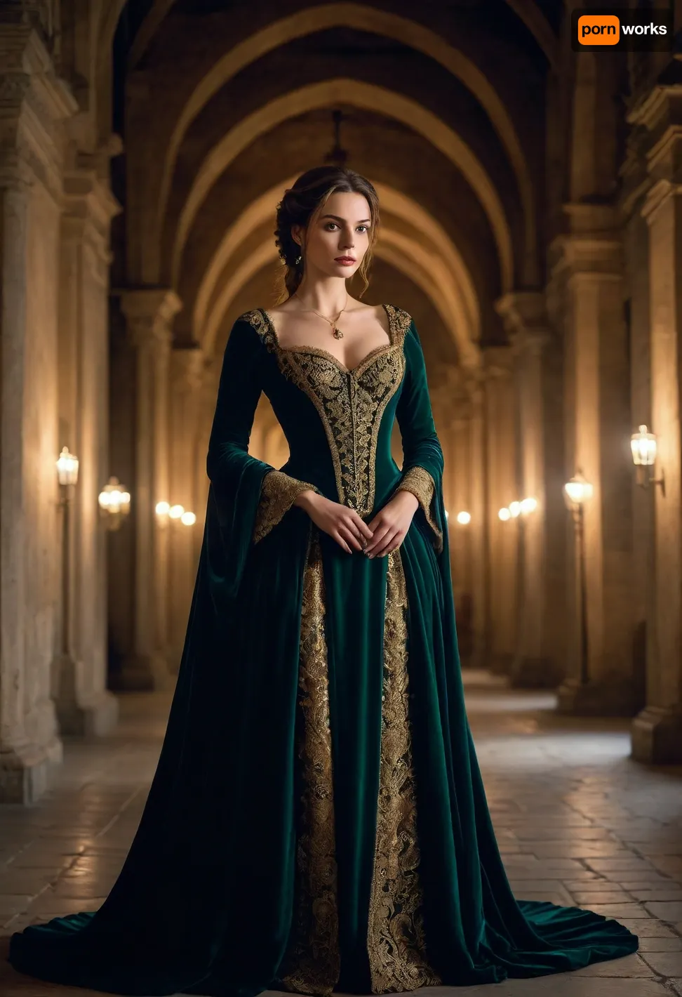 A beautiful female courtesan at a italian medieval castle, at night. She wears an luxurious gown, flowing in rich dark green velvet, adorned with shimmering gold embroidery. The dress features a corseted waist, with lace details and a long, sweeping train. The dimmed light casting a soft glow on her pale skin. Candle-lit lanterns light the scene, while the grand architecture of italian 16th century. She walks in a dark prison., <lora:castle lady xl:.5>, <lora:Medieval_Prison-SDXL:.5>